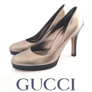 GUCCI Silver Blush Metallic Leather Platform Heels Sz 8 Made in Italy Wood Heel